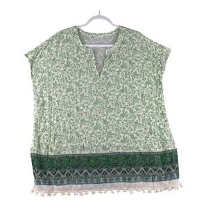 J Jill Tunic Top Green Floral Print Cotton‎ Blend Boho Tassel Trim Womens XL-XXL